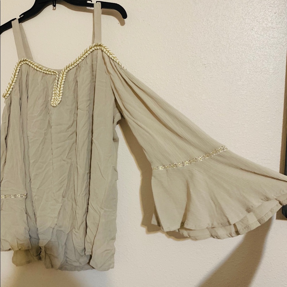 Tan Cold Shoulder Top!